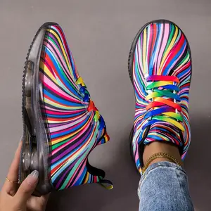 Women's lightweight and breathable air cushion walking shoes - summer striped casual sports shoes, thick PVC bottom round head comfortable fabric top, suitable for fitness, tennis, basketball