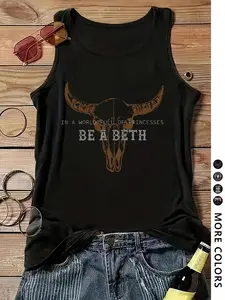 Women's Bull Head Skull Print Round Neck Knit Fitted Tank Top, Casual Sleeveless Top for Daily Wear, Everyday, Ladies Clothes for All Seasons, Womenswear, Socks
