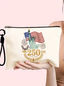 Cosmetic Travel Bag Set, Canvas Makeup Pouch with Detachable Wrist Strap, Large Capacity, Liberty Statue Pattern, Ideal Gift for Usa Culture Lovers