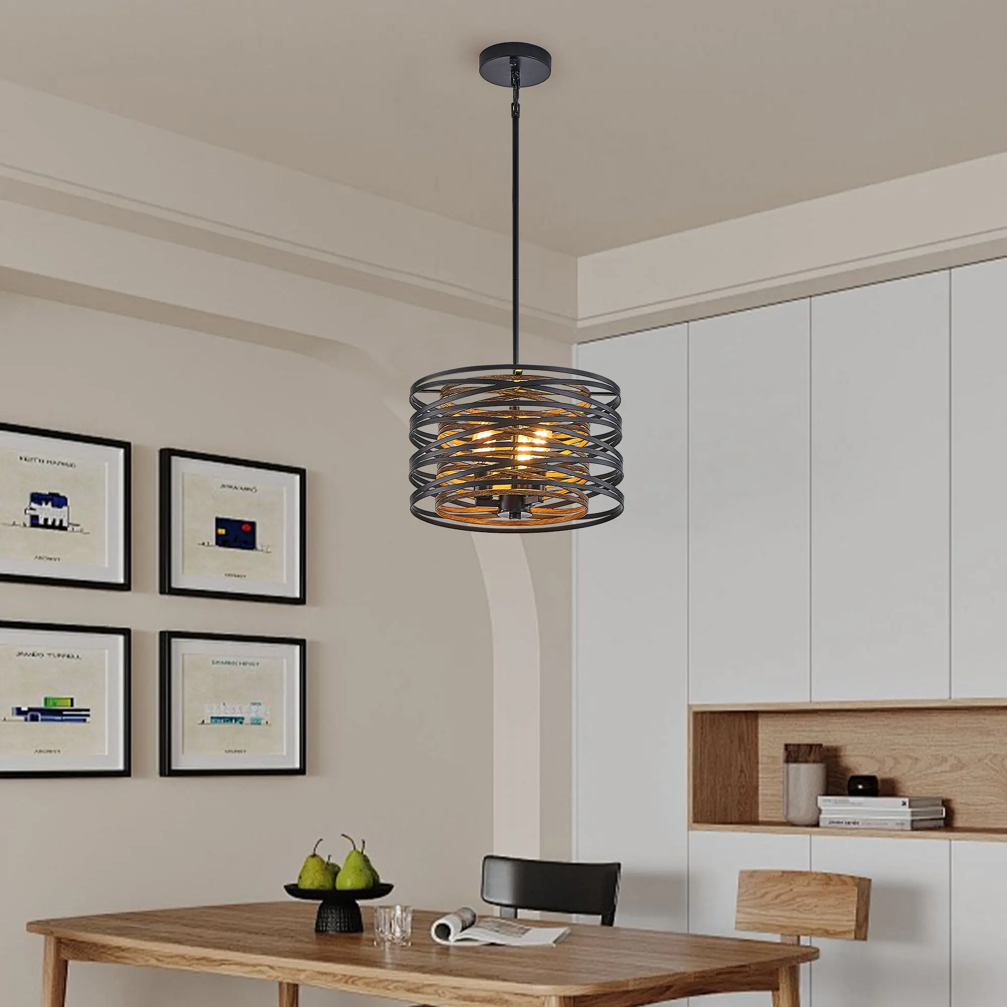 Modern spiral drum pendant light, black metal with walnut finish, adjustable height, 4-light industrial cage chandelier, E12 base hanging light fixture