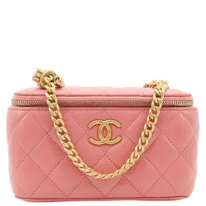 Pre-owned CHANEL Leather Shoulder Bags All Slide Quilted Long Chain Vanity Case Pink