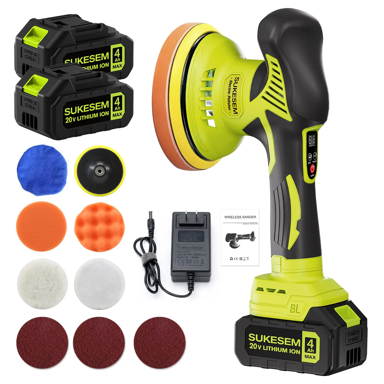 SUKESEM Cordless Electric Polisher Kit - 8-Speed Adjustable Power Tool with 4.0Ah Lithium Batteries, Fast Charger, Long-Lasting Power, Quick Recharges for Car Beauty, Scratch Repair