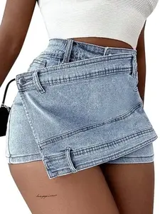 Women's High-Waisted Denim Skirt Pants Set, Summer Fashion Two-Piece Design, Slimming Irregular Style, Trendy Casual Wear