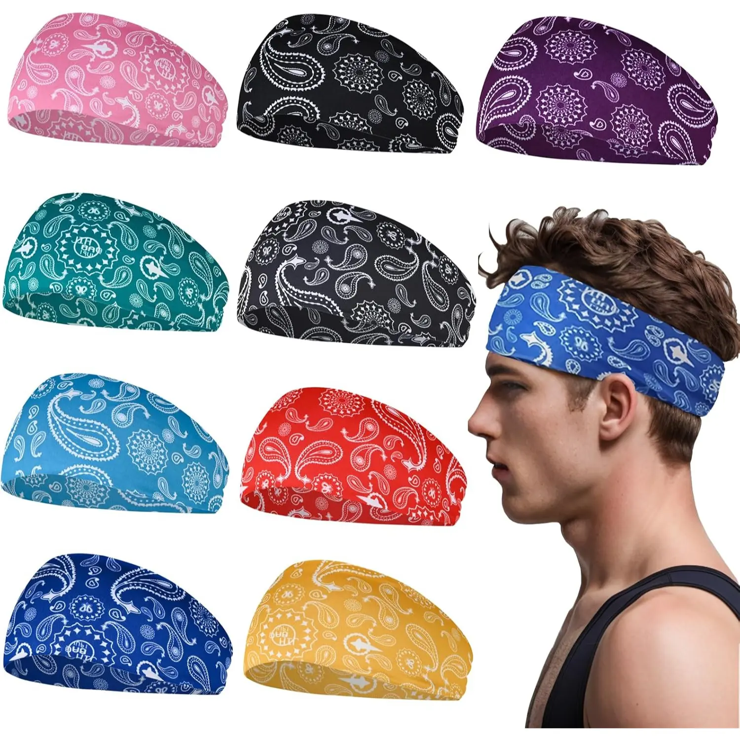 9 Pack Sports Headbands for Men Wide Stretch Sweat Wicking Athletic Hair Bands Breathable Head Wraps for Running Basketball Football Cycling Yoga Workout
