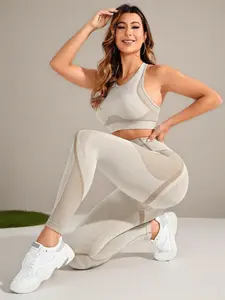 Women's Round Neck Crop Tank Top & High Waist Leggings Tracksuit Set, Sporty Breathable Comfortable Outfits for Yoga Gym Workout Running, Ladies Sportswear for All Seasons