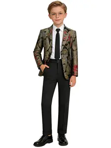 3-Piece Boys Exquisite Jacquard Floral Print Set Slim Fit Formal Suit Polished Appearance (Blazer + Pants + Tie) | Ideal for Weddings, Graduations, Church, Parties, Performances & Ring Bearer | - 25101
