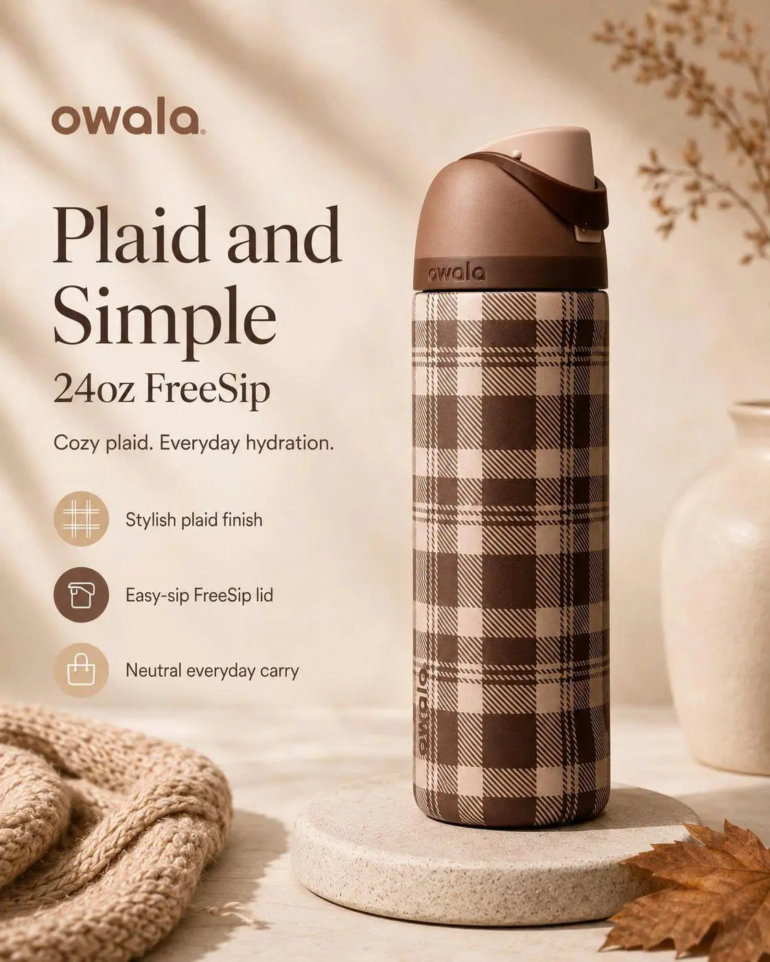 Owala Plaid & Simple 24oz FreeSip Water Bottle, Insulated Stainless Steel Reusable Bottle with Leak-Resistant Lid