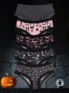 Morvia 5pcs Sexy Cute Gothic Halloween Contrast Lace Hipster Panties, Allover Print Comfy Intimates Briefs Panties, Women's Underwear & Lingerie, Casual Soft Panties