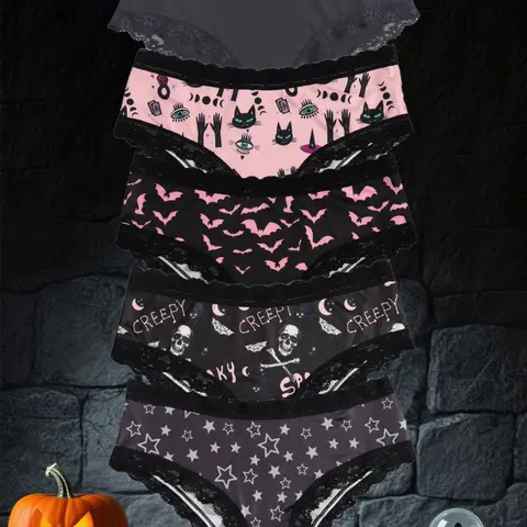Morvia 5pcs Sexy Cute Gothic Halloween Contrast Lace Hipster Panties, Allover Print Comfy Intimates Briefs Panties, Lacy Panties, Women's Underwear & Lingerie, Fashion Comfy Underwear, Contrast Lace Panty