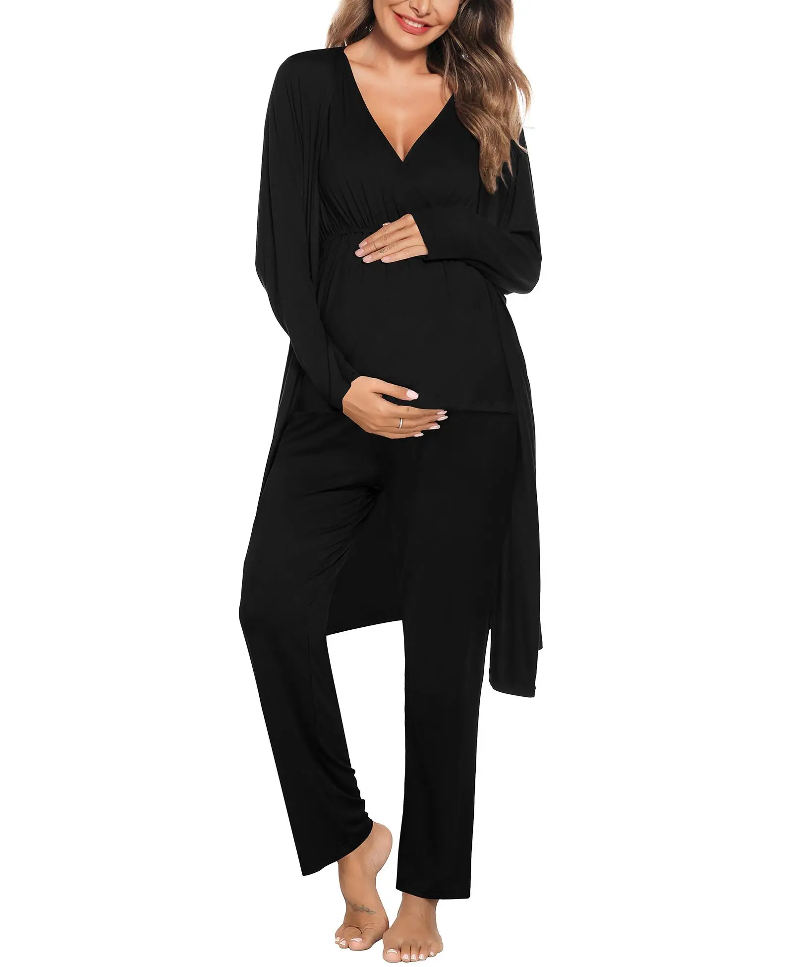 SWOMOG Maternity Nursing Robe Set 3 Piece Postpartum Breastfeeding Pajamas 3 in 1 Hospital Labor Delivery Pregnancy Pjs Casual Mom Pregnant