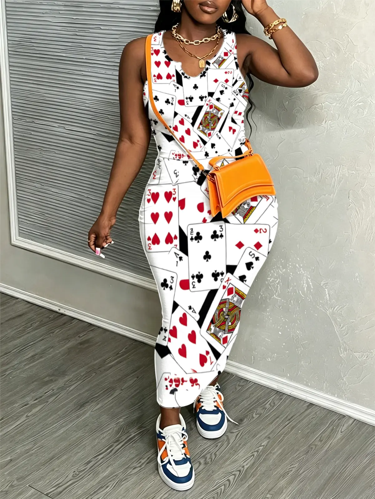 Women's Plus-Size Poker Print V-Neck Sleeveless Top & Fitted Stretch Midi Skirt 2-Piece Set (0XL-8XL), Fashionable Casual Outing Wear