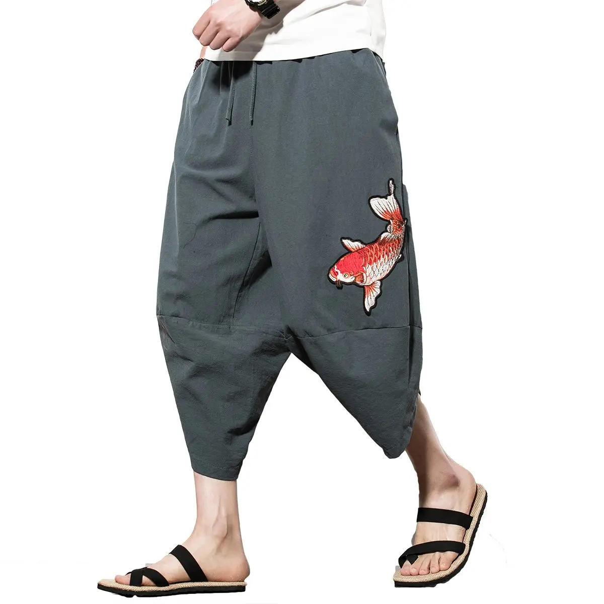 INVACHI Men's Casual Poly-Cotton Blend Harem Capri Pants with Embroidery, Drawstring Waist and Pockets for Yoga and Beach, Casual Fitted Trousers, Mid Waist, Ankle Length, Machine Wash, Elastic Waist