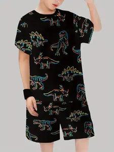 Boys Fashion 3D Dinosaur Print Casual Pullover T-Shirt and Shorts Set, Clothes Kids, Comfortable Outdoor Wear for All Seasons, Fitted Style for Active Kids