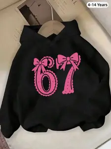 Girls' Casual 67 Slogan, Star Print Aesthetic Hoodie, Pink With Black Hooded Design Featuring 67 Text, Hearts And Stars Kids Hoodie