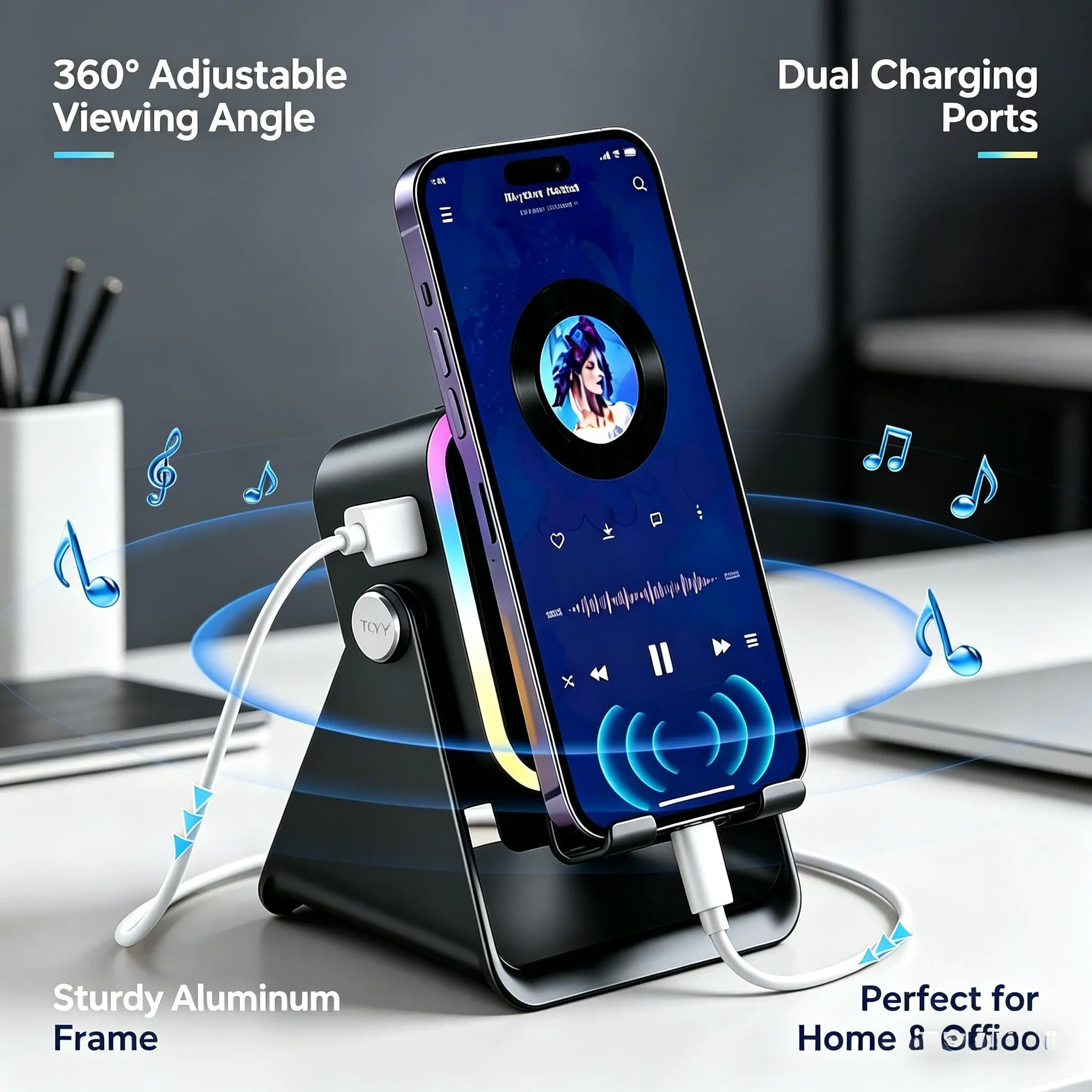 Wireless Induction Audio Speaker Stand,5in1 Cellphone Holder,360° Adjustable Mobile Tablet Stand with Colorful Ambient Light Gifts for Men Women Multifunction Bluetooth
