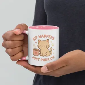 Sip Happens, Just Purr On – Cute Cat Drinkware Cup with Colorful Pink Handle Ceramic Coffee Tea