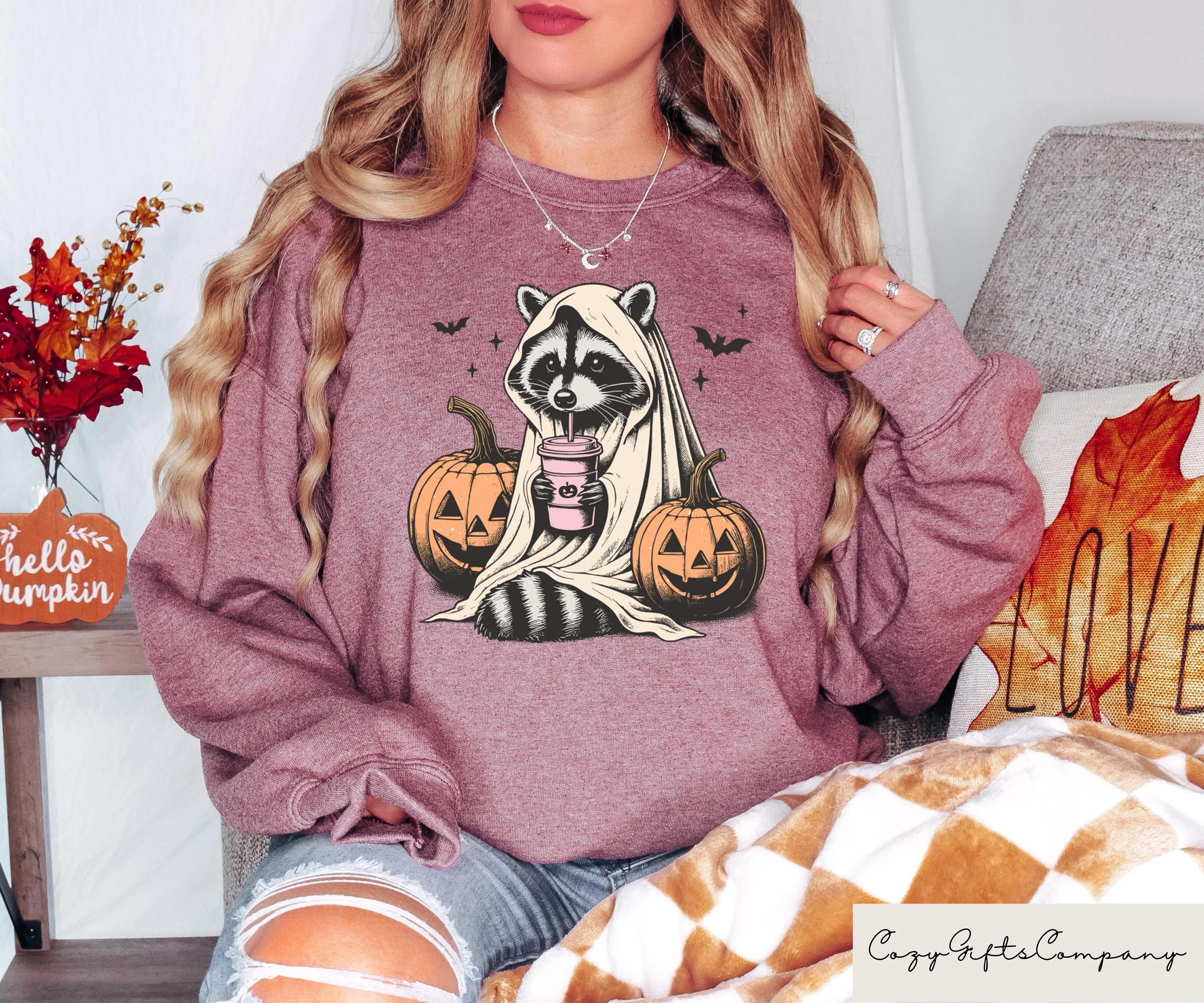 Halloween Sweatshirt, Cute Raccoon Ghost T-Shirt, Retro Halloween Shirts, Spooky Season Gift, Raccoon Halloween Shirt, Pumpkin Fall Shirt