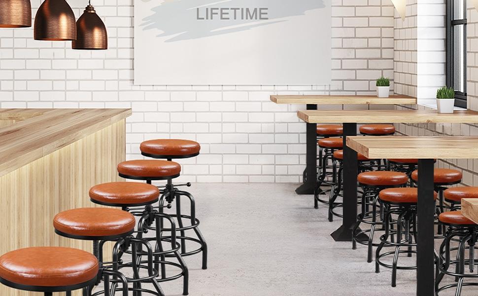 Yaheetech Industrial Bar Stool Vintage Counter Height Stool with Round Faux Leather Seat Adjustable Kitchen Stool 21.5-28 Inch Tall, 1PC