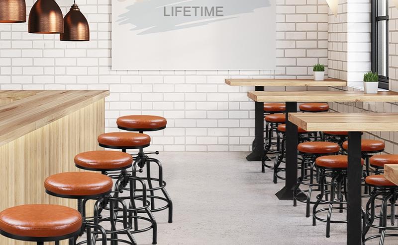 Yaheetech Industrial Bar Stool Vintage Counter Height Stool with Round Faux Leather Seat Adjustable Kitchen Stool 21.5-28 Inch Tall, 1PC