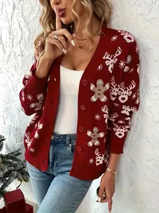 Women's Christmas Knit Cardigan, Casual Fitted Sweater for Fall & Winter, Moderate Fabric Thickness, Stylish Women's Knitwear