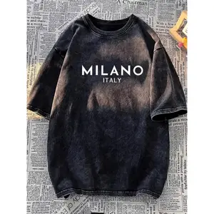 Milano Italy Letter Print Washed Black Oversized T Shirt Unisex Top Vintage Streetwear Graphic Tee Soft Cotton Casual Summer Outfit