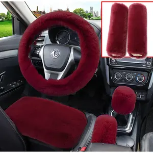 6 count/Set Soft Fluffy Faux  Steering Wheel Cover & Seatbelt  Pads & Handbrake Cover & Gear Shift Cover Winter Warm Universal Fit (Red)