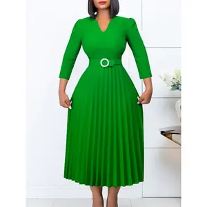 D426 Bright Yellow V-Neck 3/4 Sleeve Midi Dress with Rhinestone Circle Belt & Pleated Skirt for Casual Work