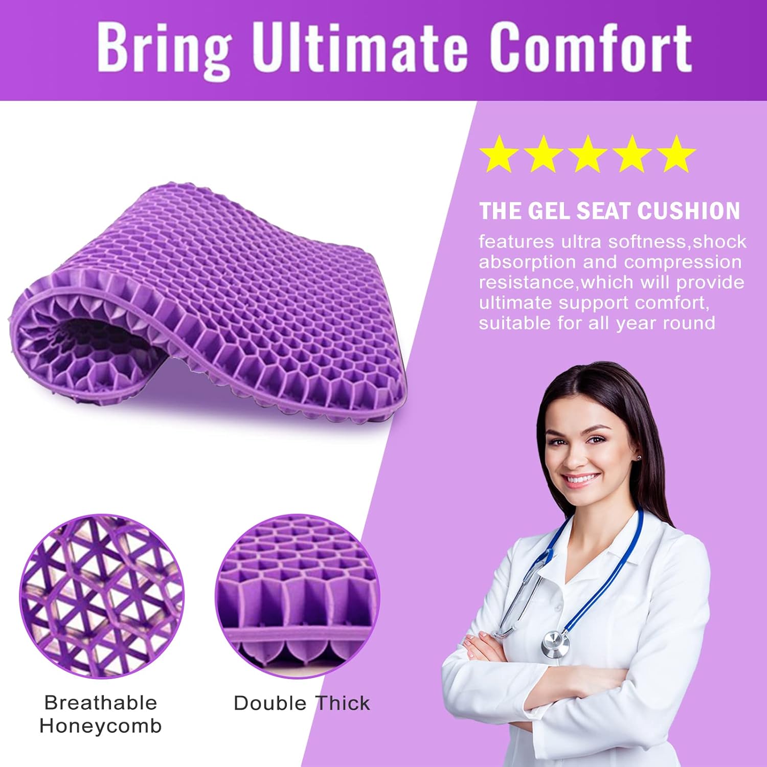 Gel Seat Cushion for Long Sitting (Large & Thick), Soft & Breathable, Gel Cushion for Wheelchair, Gel Chair Cushion for Hip Pain, Gel Seat Cushion for Office Chair