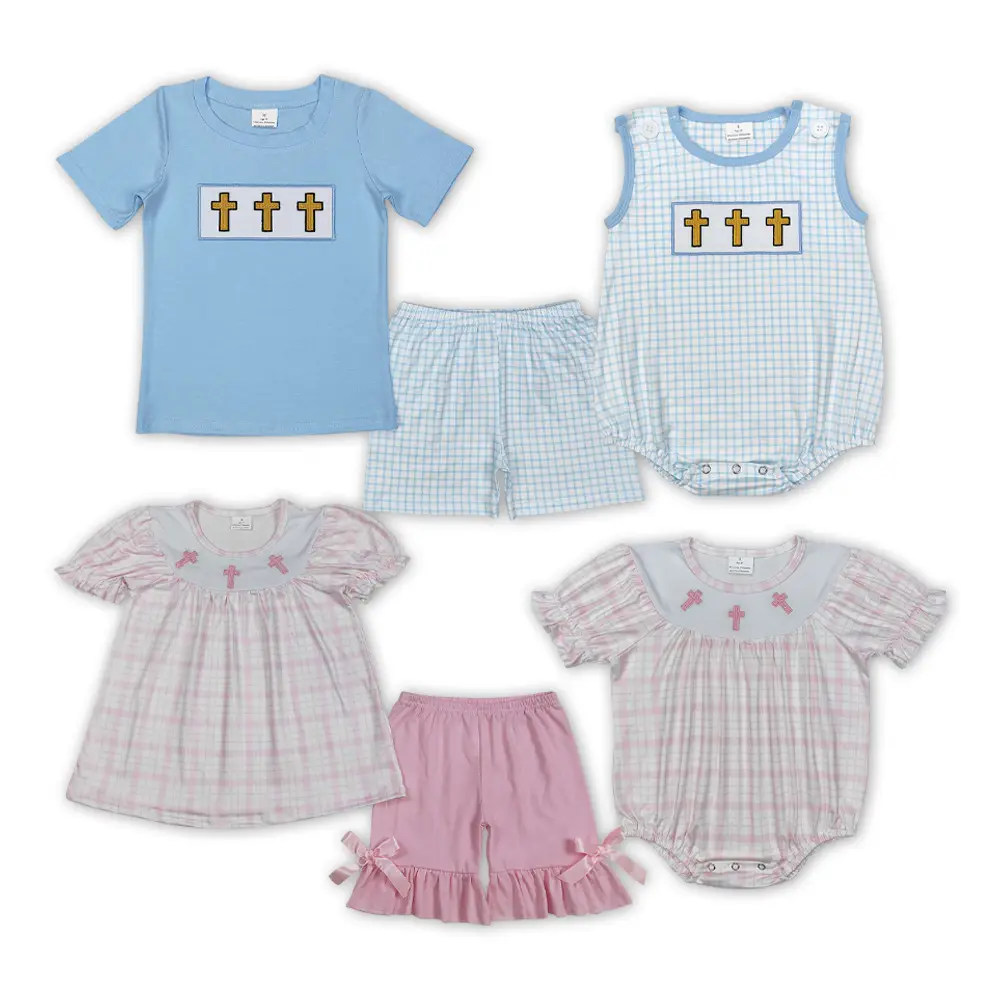 Boys' 4-5 Years Fitted Cut Short-Sleeve Easter Suit Matching Set - Vest Outfit with Embroidered Cross, Printed Details, Soft Fabric