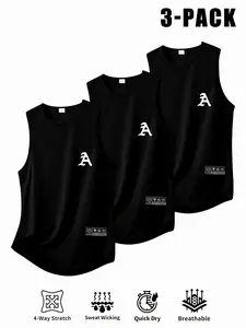 3-Pack Men's Casual Sports Tank Tops, Mixed Colors, A-Print, Sleeveless, Breathable, Quick-Dry, Gym & Running, All Seasons, Athletic Tank, Dry Fit Vest
