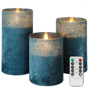 Blue Flameless Candles with Remote, Flickering Led Candles with Timer, Electric Pillar Candles for Bathroom Kitchen Room Home Decor, Sandblast Blue