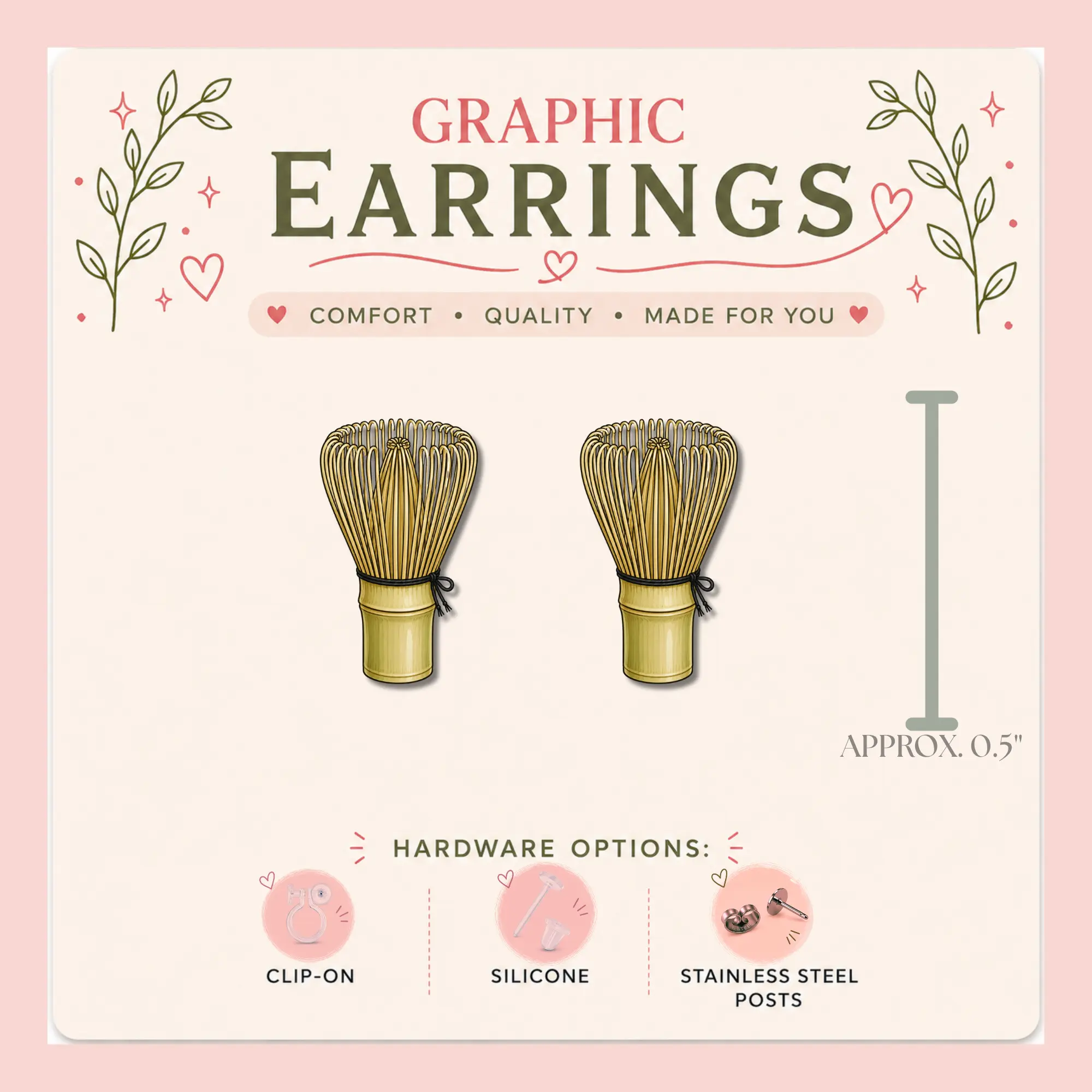 Matcha Latte & Bamboo Whisk Graphic Stud Earrings | Matcha Lover Earrings | Kawaii Food Earrings | Tea Lover Gift | Stainless Steel, Silicone or Clip-On