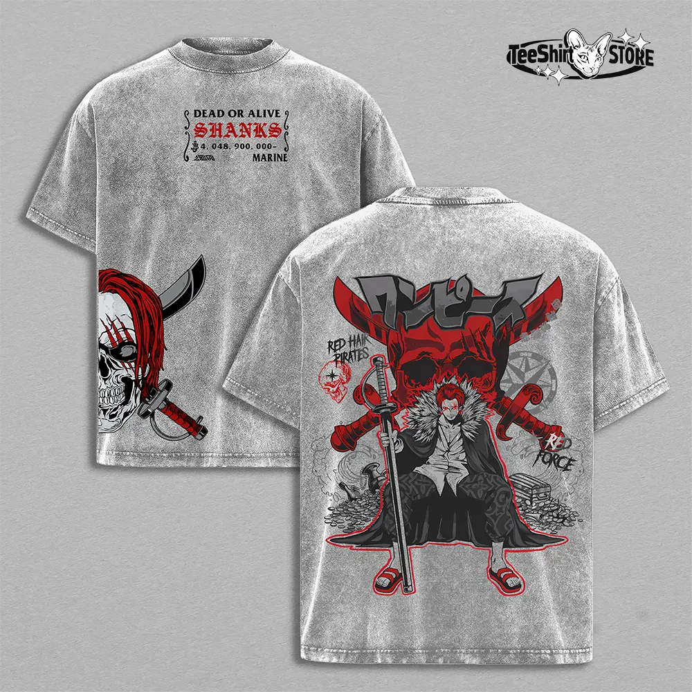Shanks One Piece Red Hair Pirates Vintage Washed Oversized Anime T-Shirt – Yonko Graphic Tee, Retro Heavy Cotton Manga Streetwear Gift for OP Fans