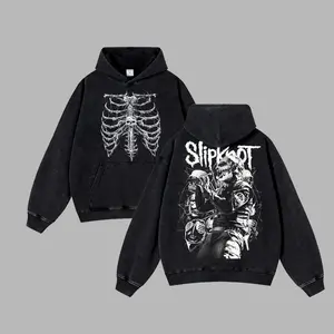 [Baby Gang] Retro Limited Slipknot Masks Metal Washed T-shirt Hoodie Unisex Oversize Rock Band Metal Band Cotton Hoodie Gift For Rock Music Lovers Grunge Y2K Outfits Vintage 90s Graphic Hoodie Graphic Streetwear