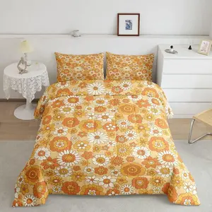 60S 70S Retro Floral Bedding Set,Beige White Groovy Flowers Down Comforter,Colorful Hippie Comforter Set,Bohemian Colorful Blossom Quilt Duvet