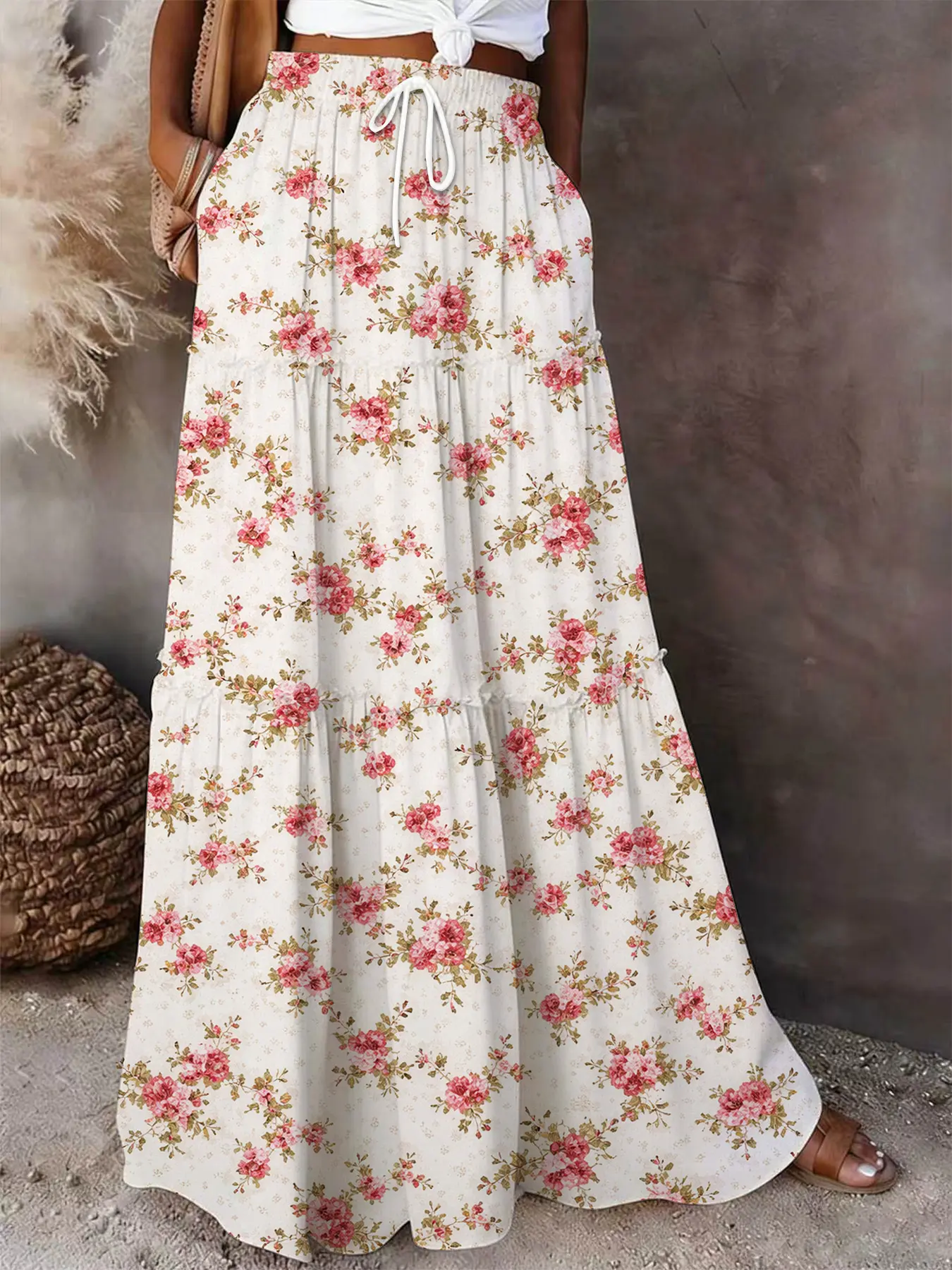 Vintage Red Rose Ditsy Floral Maxi Skirt | Boho Cottagecore Tiered Skirt Womenswear