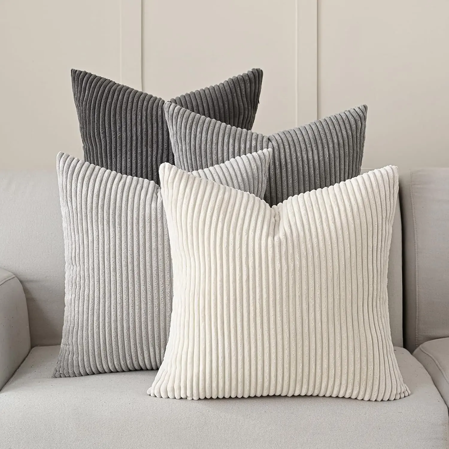 Set of 4 Neutral Grey Corduroy Decorative Couch Throw Pillow Covers 18x18 Inch, Western Modern Farmhouse Striped Cushion Cases, Soft Boho Square Accent Pillow Covers for Home Sofa