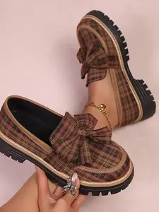 Vintage Canvas Plaid Bowknot Thick Sole Height Increasing Loafers, Japanese Jk Uniform Shoes, Fashion Platform College Style