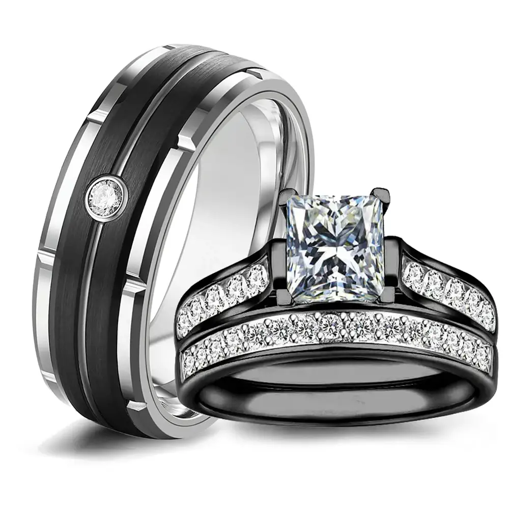 Fashion Couple Rings Women's White Rhinestones Zircon Ring Sets Men's Stainless Steel Zircon Stones Rings Wedding Band Jewelry