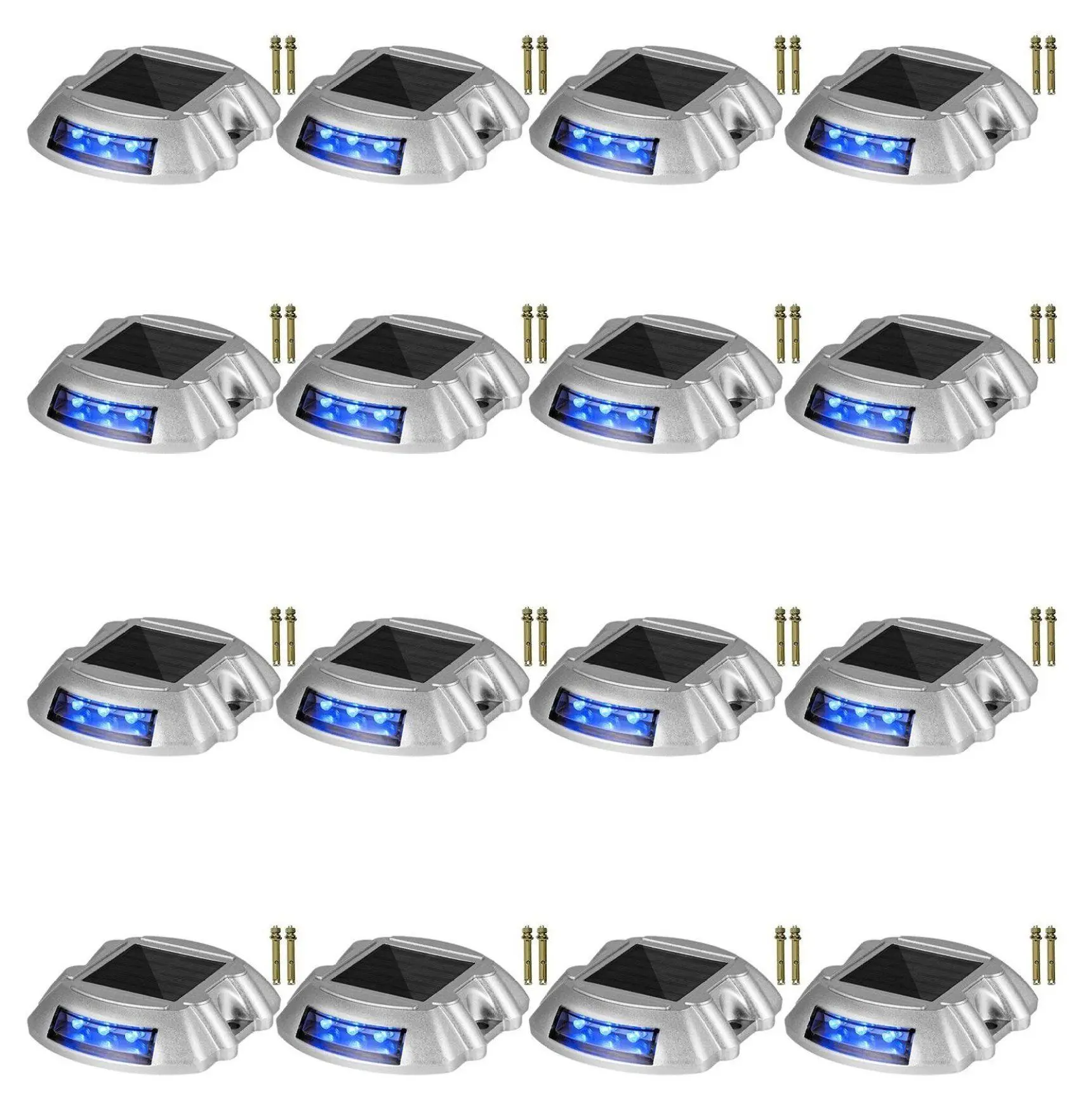 16-Pieces Die-Cast Alum. IP68 Waterproof Solar Driveway Lights, Blue LED Dock Deck Warning Lights with Switch, Wireless for Garden Sidewalk