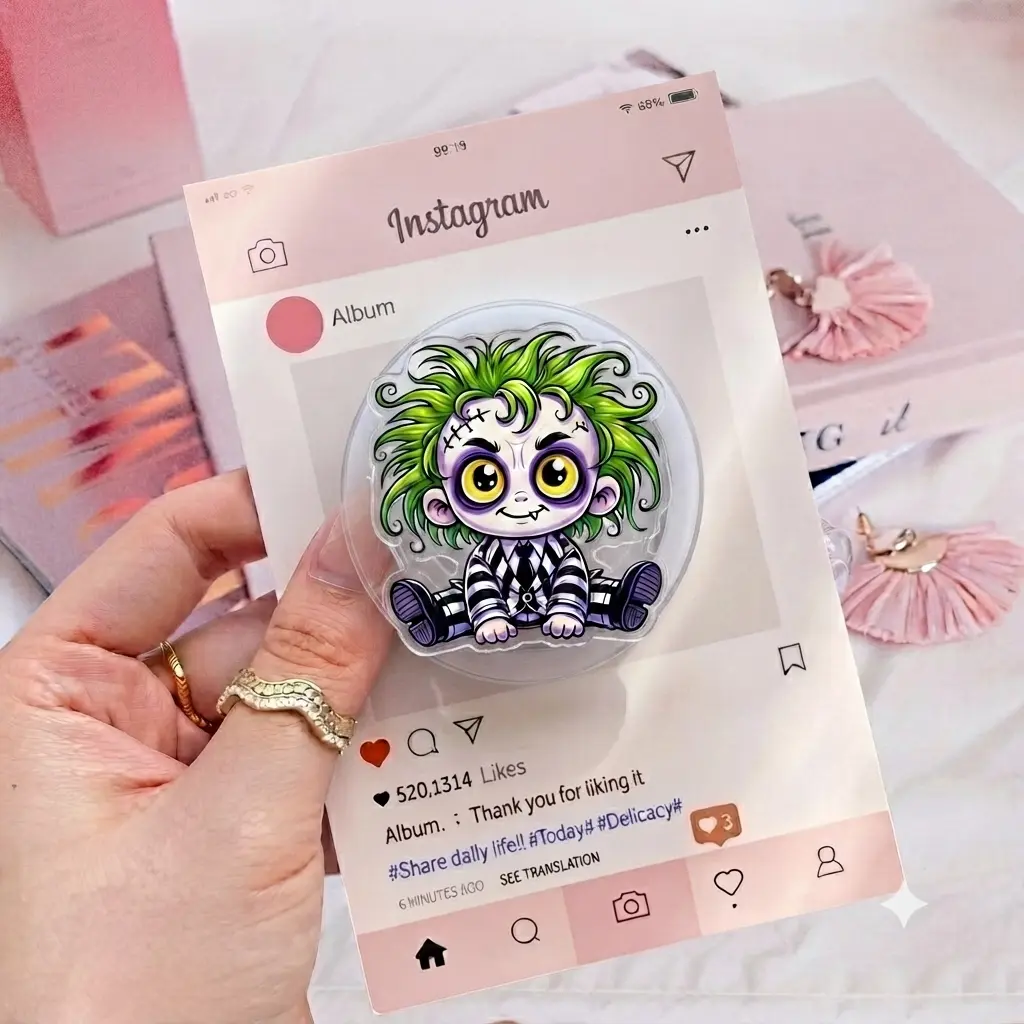 Cute Spooky Character Acrylic Phone Grip - Aesthetic Green Hair Phone Stand for Trendy Mobile Device Decoration and Accessory