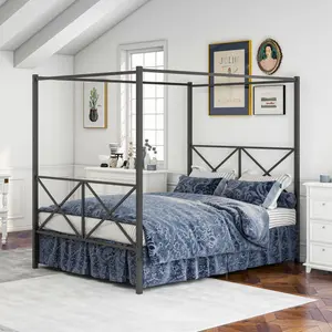 Black Metal Queen Canopy Bed Frame, Sturdy Steel Metal Build Platform Bed with X-Shaped Headboard & Footboard, European Styling, Easily Assembled, No Box Spring Needed, Perfectly Fits Queen Size