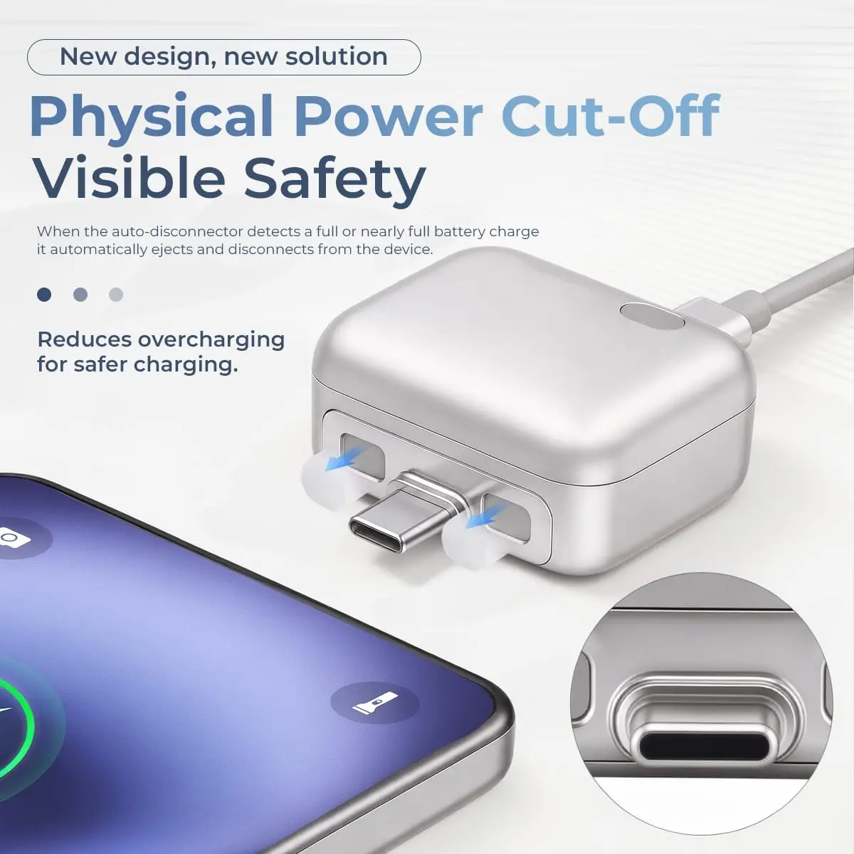 140WType-C Battery Protector with Physical Disconnect: Physically cuts the connection to protect the battery and automatically disconnects upon full charge; compatible with fast-charging adapters for iPhones, Android devices, and earbuds.auto stop charger