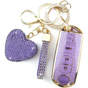 New Upgrade Key Fob Cover with Diamond Keychain for Women, Car Key Holder Case Compatible with Mazda 3 6 8 Miata MX5 CX3 CX4 CX5 CX7 CX9 Smart Remote Key Protector, 4 Buttons (Purple-Heart)