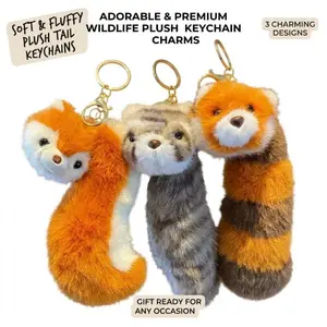 Cute Fluffy Tail Animal Keychain - Kawaii Raccoon & Squirrel Plush Toy for Kids Party Favors, Aesthetic Backpack Charms, Goodie Bag Fillers & Gift