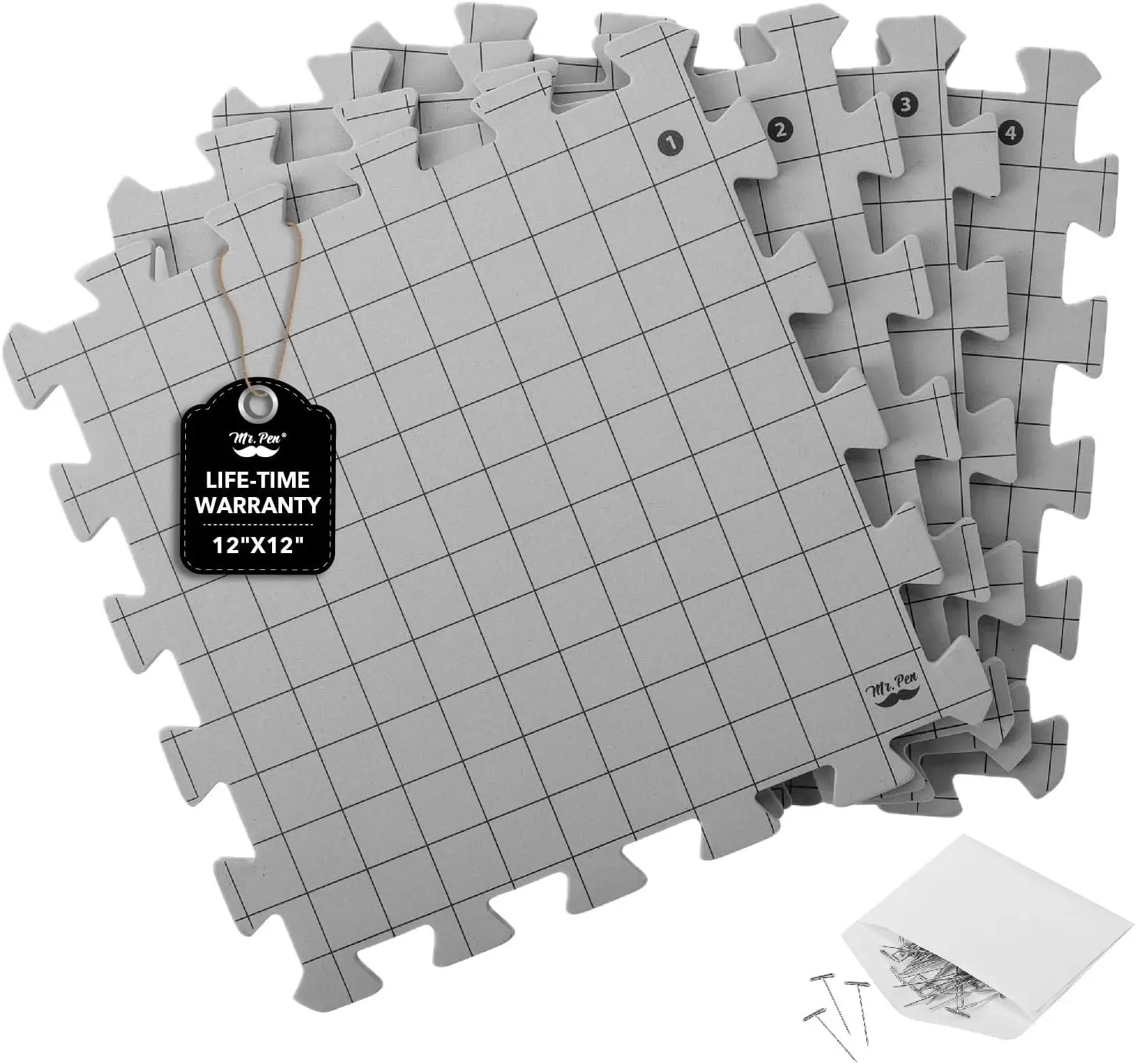 Mr. Pen- Interlocking Blocking Mats, 12” x 12”, 4 Pack with 50 T-Pins | For Knitting & Crochet Projects, Foam Board Design, Includes Pins for Yarn Craft Blocking Gift