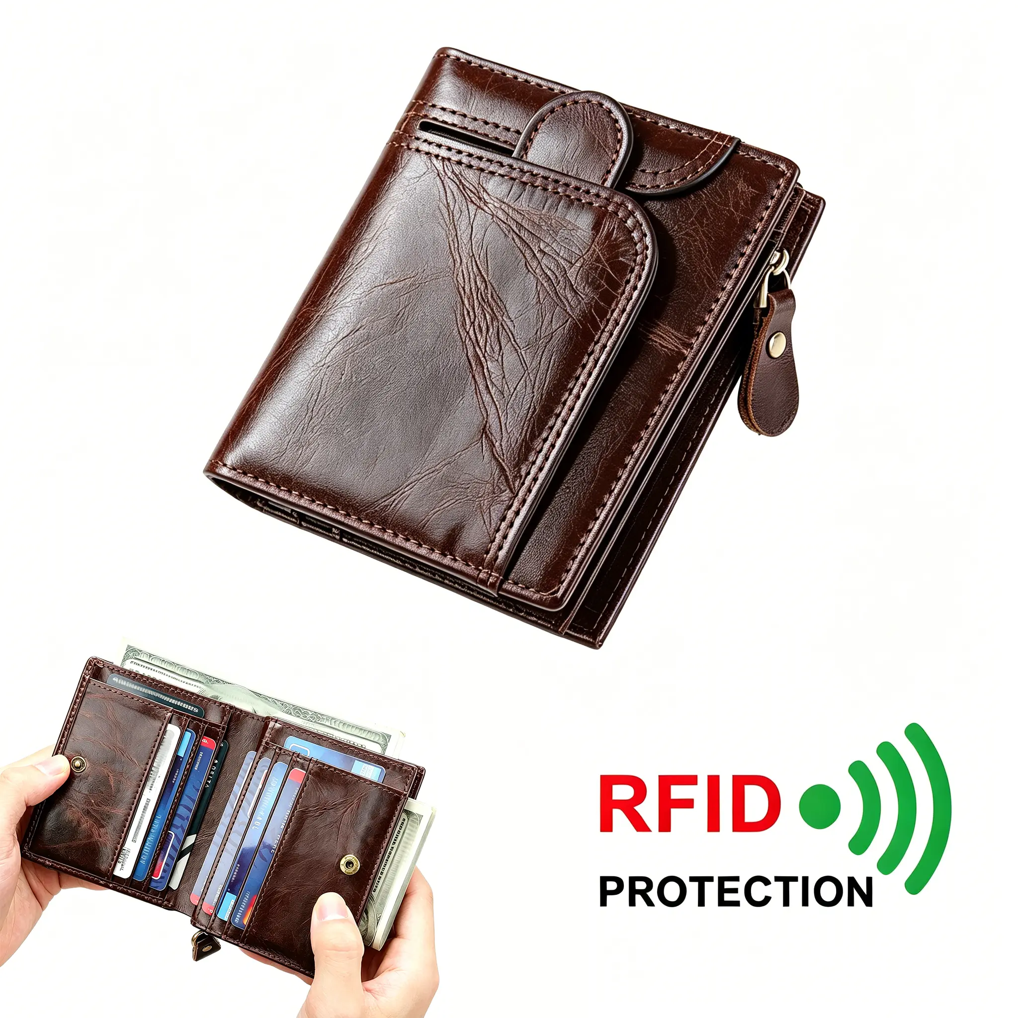 Genuine Cowhide Men's RFID Wallet Large Multi Card Slots Retro Style Gift For Father Husband Business Daily Work Travel