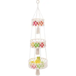 3 Tier Fruit Basket, Cotton Rope Hand-Woven Fruit Basket Boho Wall-Mounted Baskets with Loop for Fruits, Vegetables, Plants, Home Decoration