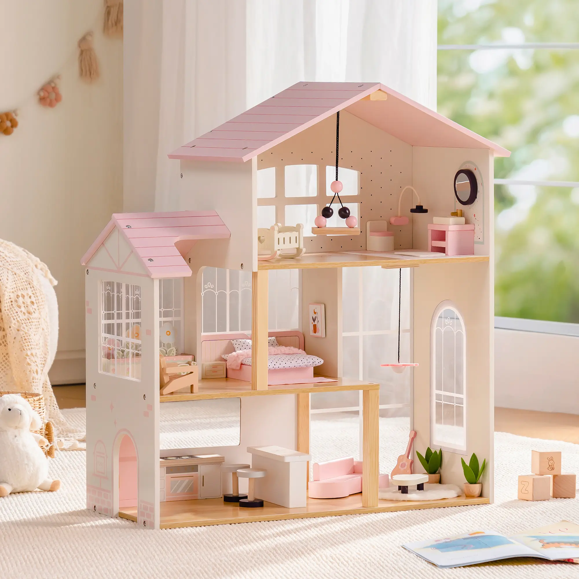 ROBUD Wooden Dolls House - 37 PCS Toy Furniture, Wooden Doll House for Girls，Dollhouse Kit with 6 Rooms & 37 Pcs Dollhouse Furnitrue Accessories, Pink Montessori Doll House for 3+