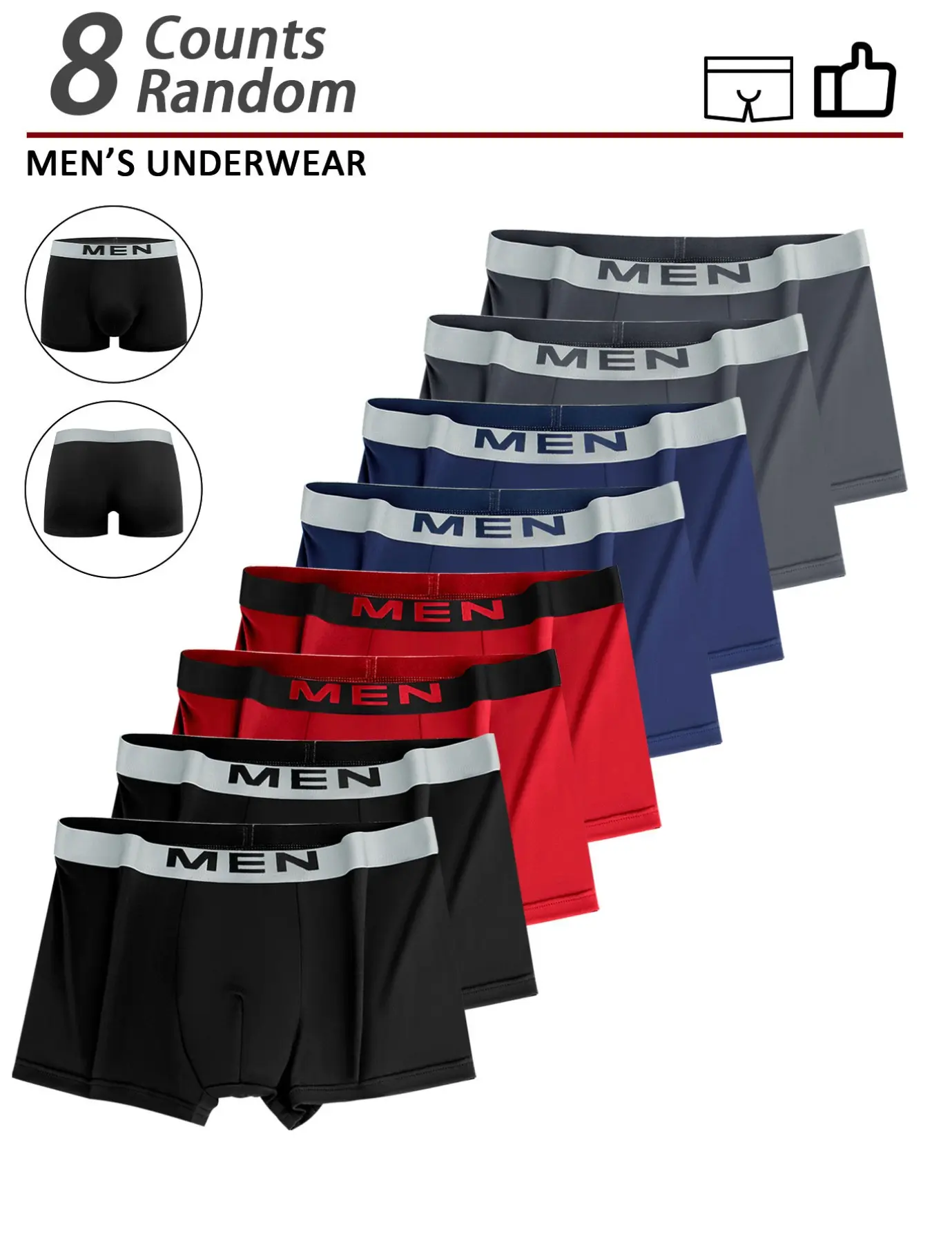 8-Piece Set Men's Breathable Low-Rise Boxer Brief Pack, Comfort Stretch, Solid Color Casual Sportswear, Random Colors, Ideal for Daily Wear